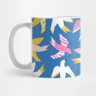 Collage Birds Blue Pink White Yellow Mug